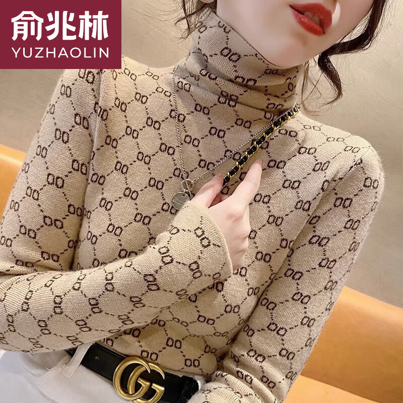 Yu Zhaolin (YUZHAOLIN) Modal cotton autumn and winter turtleneck German velvet bottoming shirt for women new style printed western style inner layer pile collar slim fit and warm apricot color without velvet XL 115-130 catties