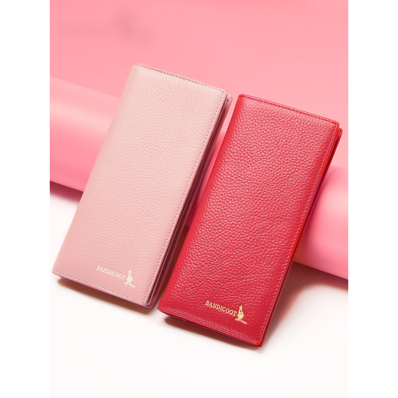 Kangaroo Light Luxury Simple Women's Wallet Women's Long Genuine Leather Wallet Chinese Valentine's Day Fashion Simple Coin Purse Thin Pink (Thick Style)
