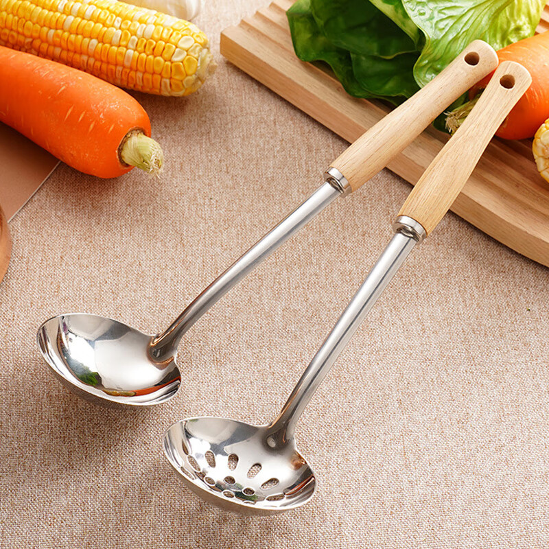 Zigman stainless steel hot pot spoon, colander, household kitchen spoon, long handle, thickened soup spoon, heat-insulated and anti-scalding - 2-piece set
