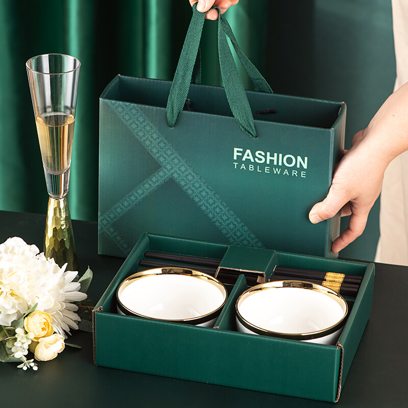 SUMEIJI gift bowl and chopsticks set, ceramic light luxury bowl set, gift to customers for annual meeting, employee benefits, souvenirs, store celebration prizes, gold-plated 4.5-inch bowl, 1 white, 1 green, 2 chopsticks