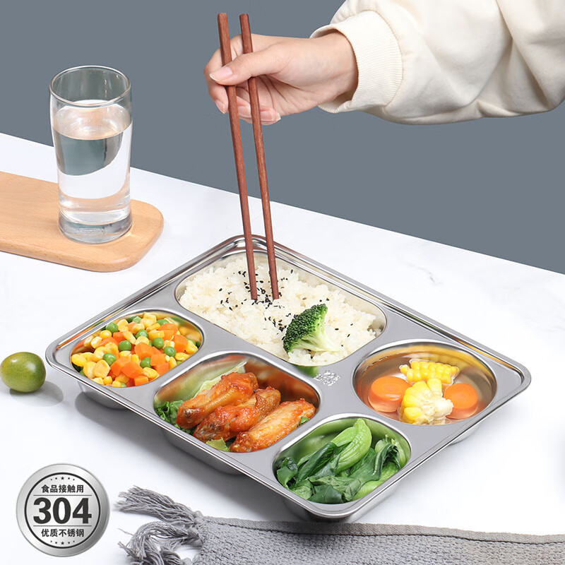 Baijie 304 stainless steel dinner plate, adult lunch box, 5 compartments, deepened and thickened compartments, fast food plate, children's student lunch box