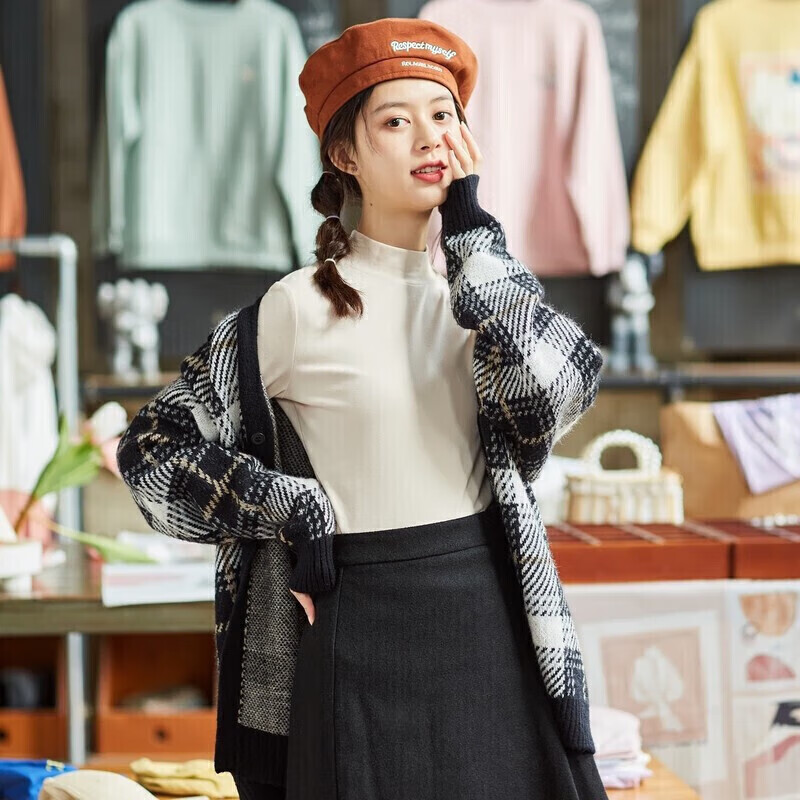 TonLion 2021 Bottoming shirt for women, long-sleeved T-shirt, half turtleneck short top, plus fleece/beige/second batch S