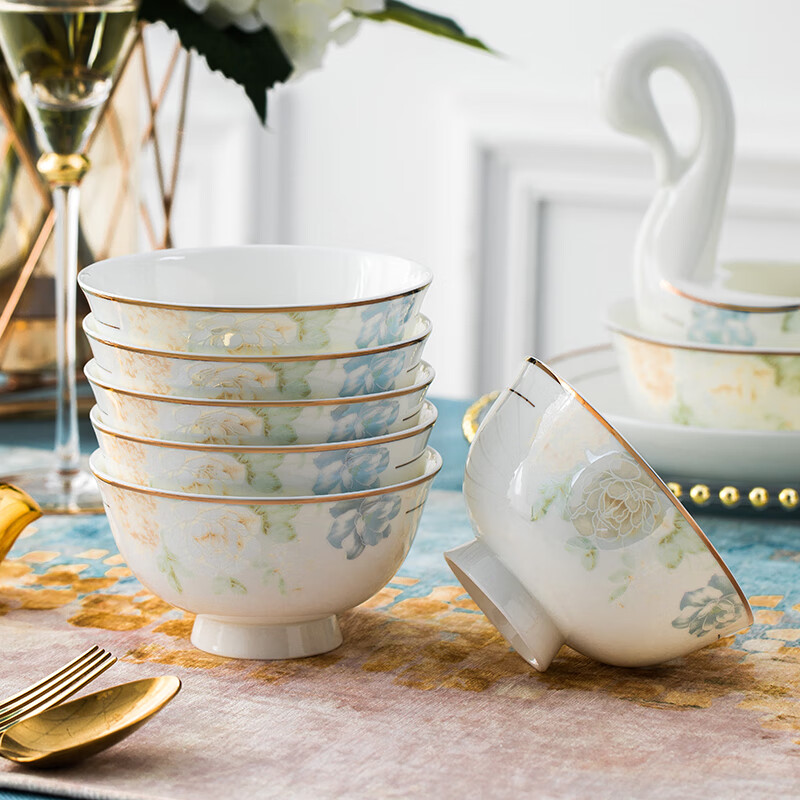 Yichen Jingdezhen ceramic tableware household 4.5-inch tall rice bowl European style light luxury rice bowl dreamy flower shadow