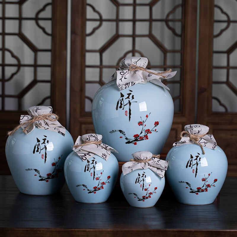 Chengqi Ceramic Wine Bottle 1/2/3/5/10 Jin Ancient Style Empty Wine Bottle Household Liquor Packaging Sealed Wine Jar Small Flask 5 Jin Plum Blossom Drunk Bottle - White