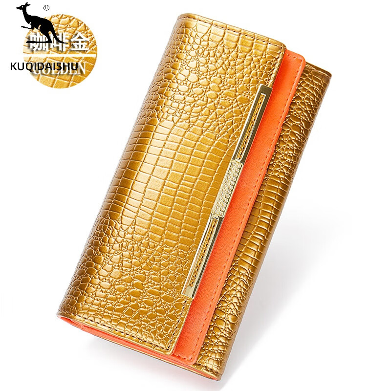 KUQIDAISHU high-end women's long wallet women's genuine leather buckle clutch wallet large capacity tri-fold wallet holiday gift coffee gold + orange (crocodile pattern)