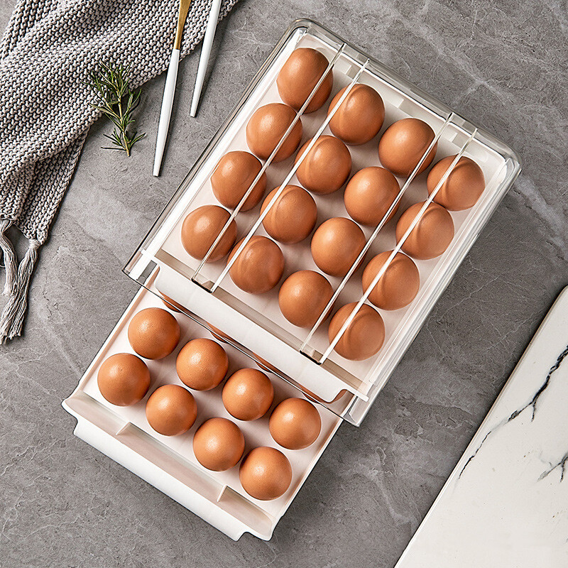 Muzhichu Side Door Egg Box Shelf Refrigerator Fresh Box Storage Box Rolling Automatic Refill Double-Layer Egg Tray Compartment 2 Layers 32 Compartments - Light Lotus Gray
