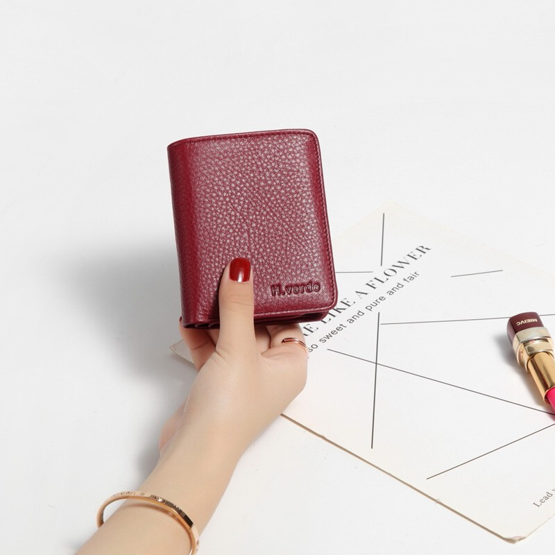 Sephoron 2026 Autumn and Winter New Unisex Genuine Leather Short Folding Wallet Small Versatile Wallet Soft Cowhide ID Document Burgundy