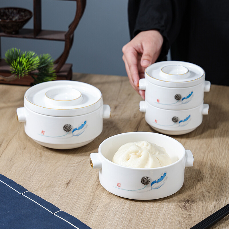 Chidu stew cup, soup cup, vegetable cup, hotel high-end tableware, bird's nest dessert bowl, Chinese creative double-layered cup, steaming cup, large double-layered cup - blue lotus painted gold