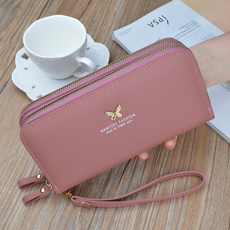New style portable wallet for women, long double zipper clutch bag, large capacity double layer mobile phone bag, fashionable litchi pattern wallet, maroon