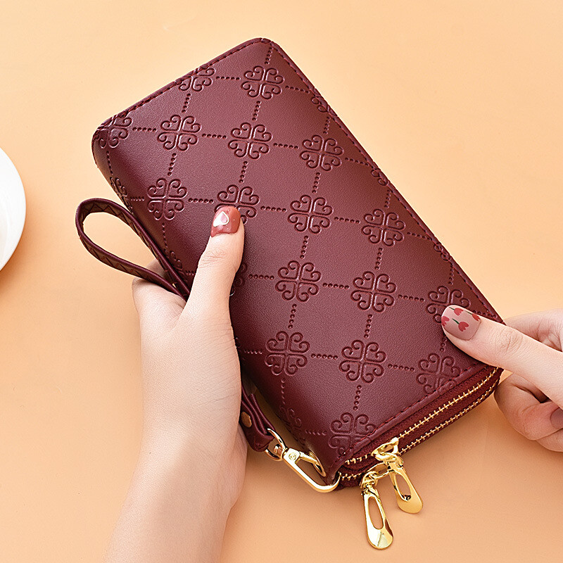 Wallet Women's Long Korean Style Bright Leather Double Zipper Clutch Large Capacity Double Layer Mobile Phone Bag Frosted Wrist Strap Wallet Purple Frosted