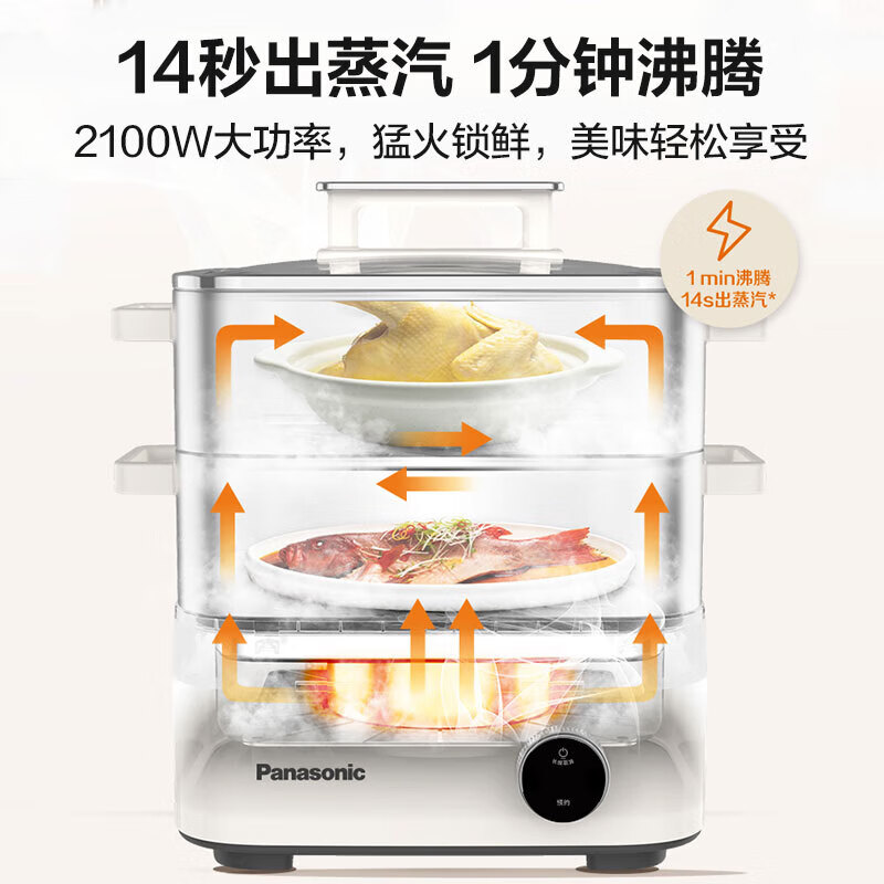 Panasonic Guobu electric steamer, electric cooking pot, 3-layer multi-function pot, steaming and cooking in one, multi-purpose steamer, stainless steel intelligent reservation heat preservation, power failure protection NF-ST1