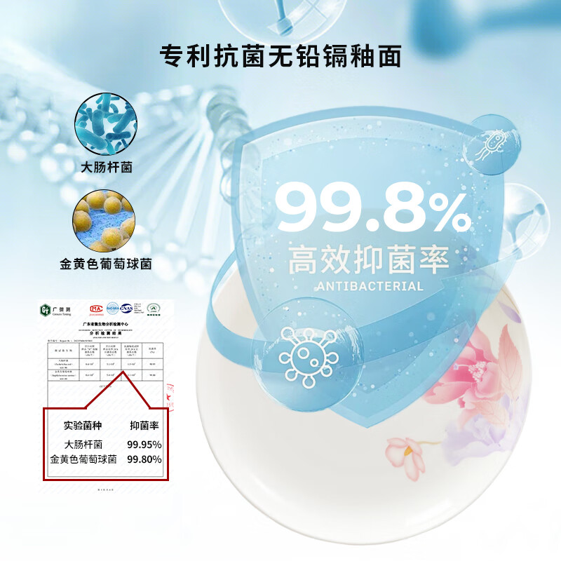 Huaguang National Porcelain Bowl and Plate Tableware Set Antibacterial Bone China Tableware and Dish Set Housewarming and Wedding Gift Flowers and Full Moon Suitable for 4 people Antibacterial Gift Box 22 pieces