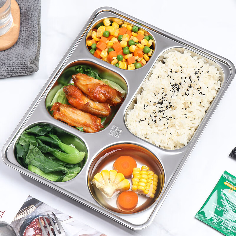 Baijie 304 stainless steel dinner plate, adult lunch box, 5 compartments, deepened and thickened compartments, fast food plate, children's student lunch box