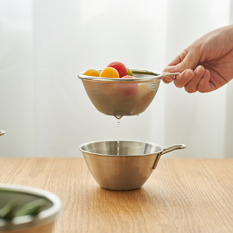 Siyue Mini 304 stainless steel drain basket with handle, fruit and vegetable basin, leaky bowl, mesh basket, rice cleaning artifact, 2-piece set, size S (basin + encrypted mesh basket)