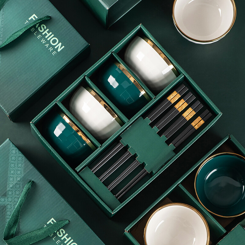 SUMEIJI gift bowl and chopsticks set, ceramic light luxury bowl set, gift to customers for annual meeting, employee benefits, souvenirs, store celebration prizes, gold-plated 4.5-inch bowl, 1 white, 1 green, 2 chopsticks
