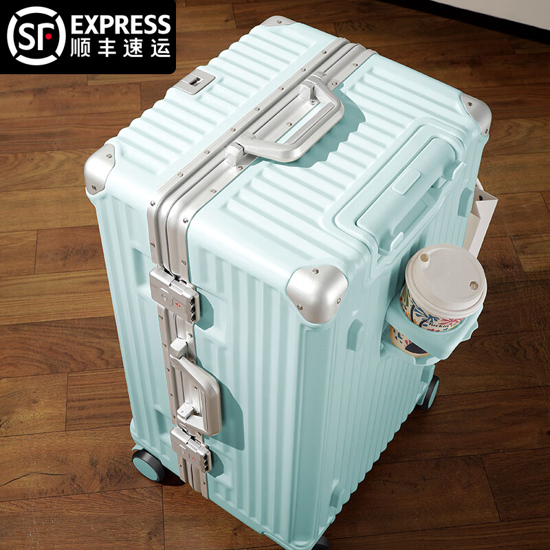 Ouyuan super large capacity suitcase, multi-functional, durable, seatable alloy trolley case for overseas checked PC suitcase, shell white, thickened aluminum frame case, wet and dry separation, 30 inches USB + cup holder + side hook + bracket