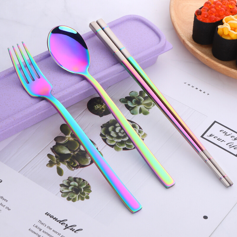 Buyer Star 304 Stainless Steel Chopstick Set Student White-Collar Portable Tableware Spoon Chopsticks Fork Portable Box Four-piece Set Symphony No. 0 (Purple Box)