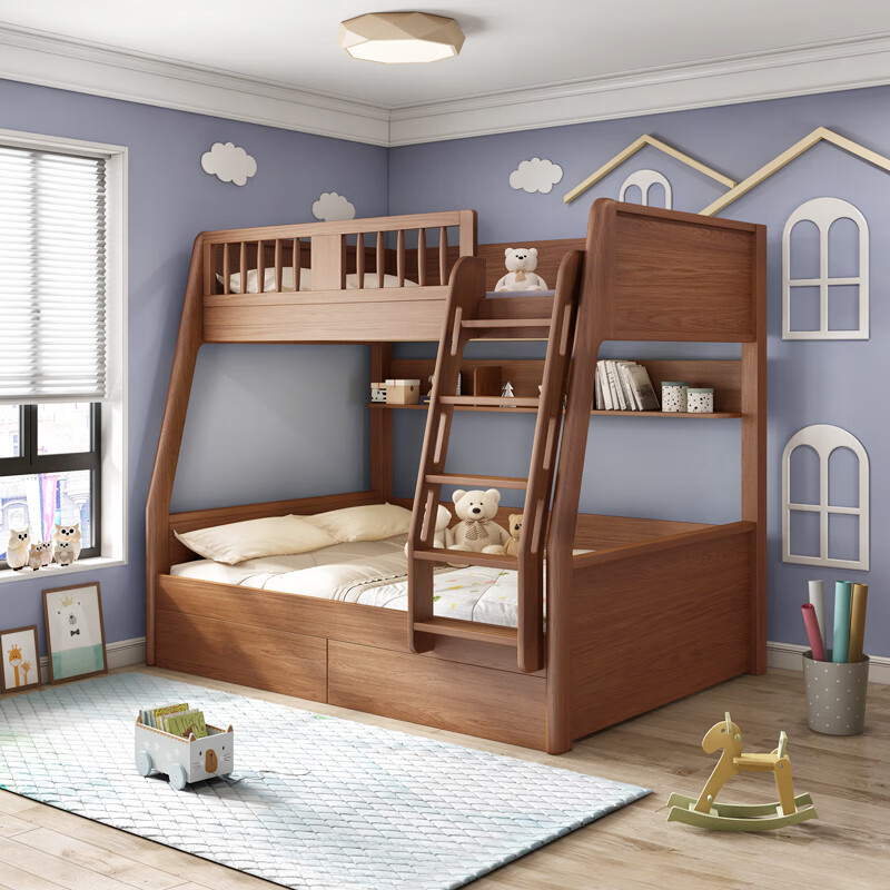 Fugui Cat bunk bed, high and low bed, children's bed, two-layer bunk bed, multi-functional high box, small apartment bunk bed for boys and girls, bunk bed + bookshelf + 2 mattresses 1500*1900