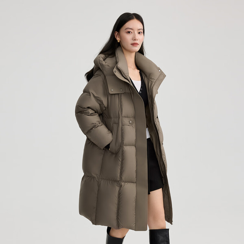 Ellai Puff Feel Down Jacket Women's Long Hooded Windproof Warm Coat Fashionable Duck Down New Year's Jacket Taupe M