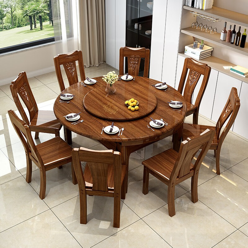 Fulian Fujia golden sandalwood solid wood dining table and chair combination home dining table retractable and foldable square and round dual-purpose small apartment 1.5 meters one table 6 chairs all solid wood