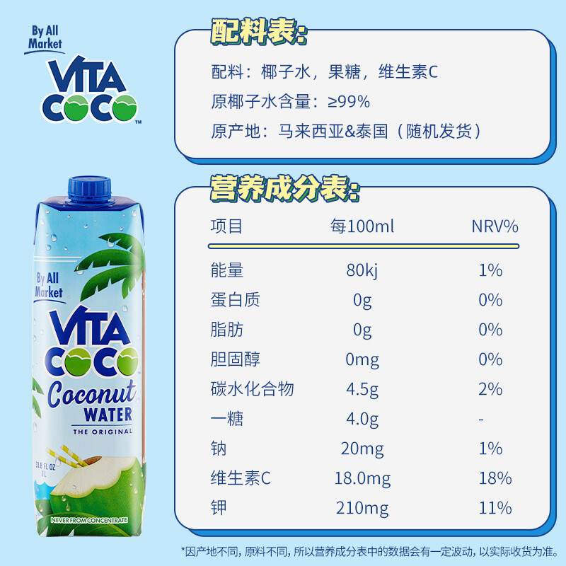 Vita Coco Coconut Water Coconut Juice Drink Low Sugar Low Calorie Rich in Electrolytes Original Imported Coconut Green Juice 1L*4 Bottles New Year's Goods