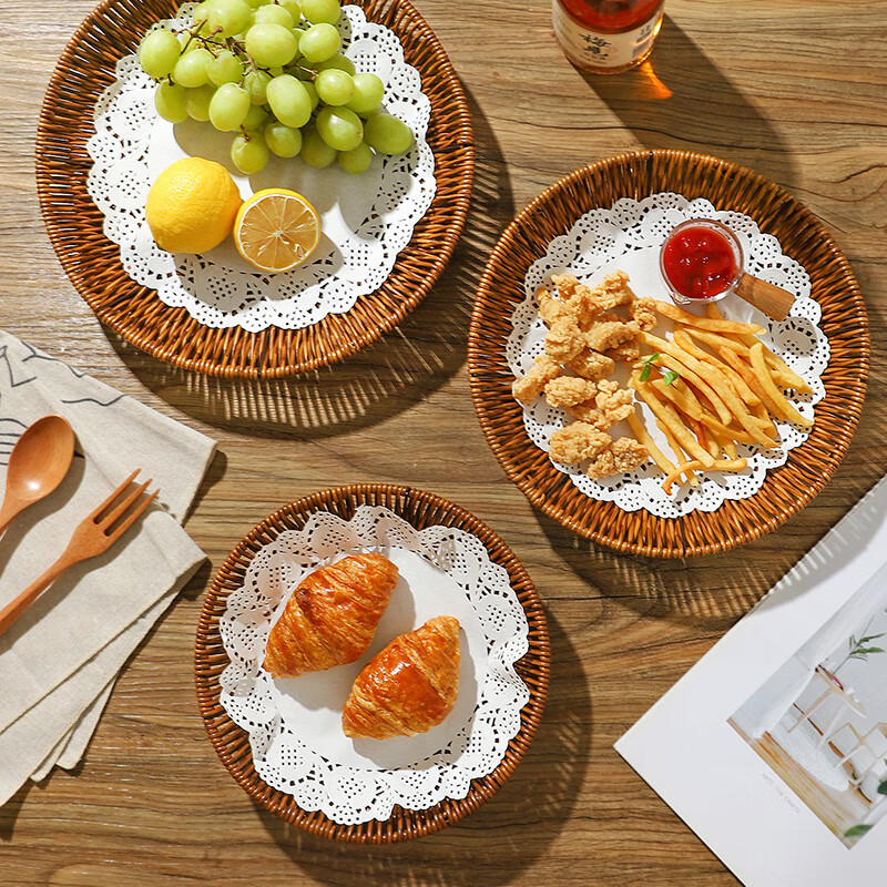 Sheli imitation rattan woven snack basket snack plate French fries plate fried chicken dinner plate home fruit basket restaurant snack plate steamed bun basket round shallow basket - large (diameter 28.5cm)