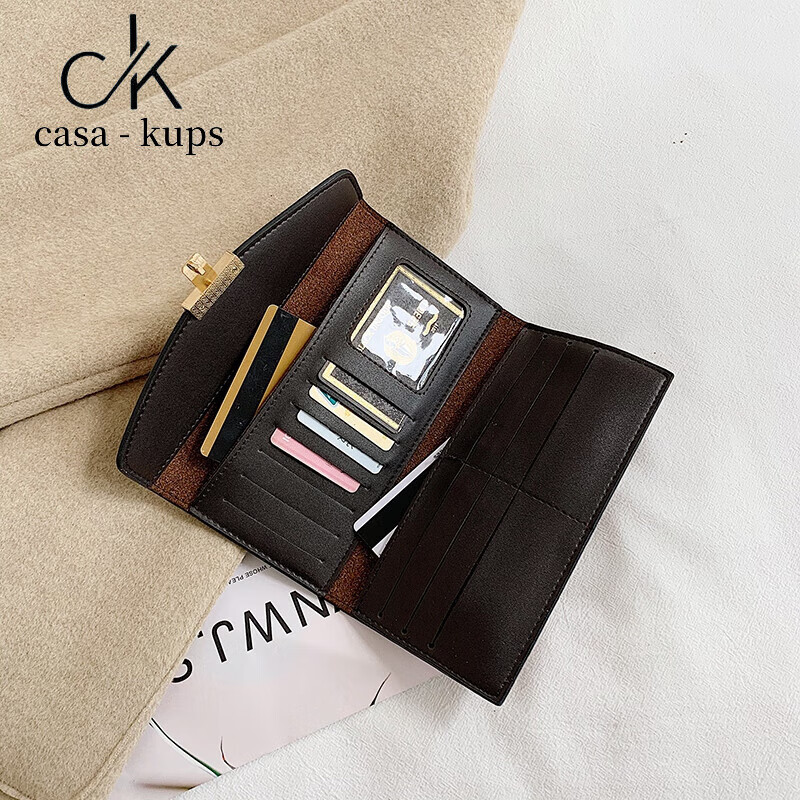 Casa-kups women's bag 2025 new ins retro lock wallet ladies personality student Korean version clutch bag long multi-card brown long
