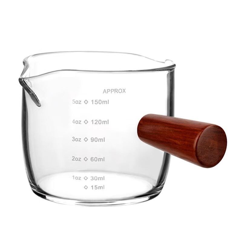 Watchget glass ounce cup Italian milk cup coffee espresso extraction liquid cup with scale wooden handle wooden handle double mouth round bottom 150ml