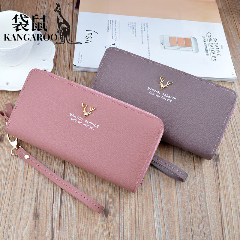 Kangaroo (KANGAROO) New Wallet Women's Long Clutch Double Zipper Wallet Mobile Phone Bag Fashion Simple Large Capacity Double Layer Wallet Black