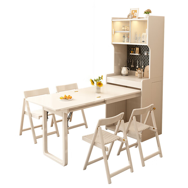 Senneng retractable folding dining table modern simple household small apartment storage sideboard multi-functional cream style dining table 64cm retractable dining table + folding leather chair x4