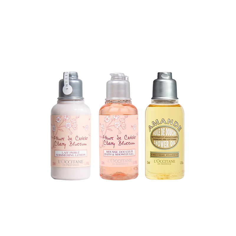 L OCCITANE Sakura Shower Gel 35ml+Sakura Moisturizer 35ml+Sweet Almond Shower Oil 35ml on clearance