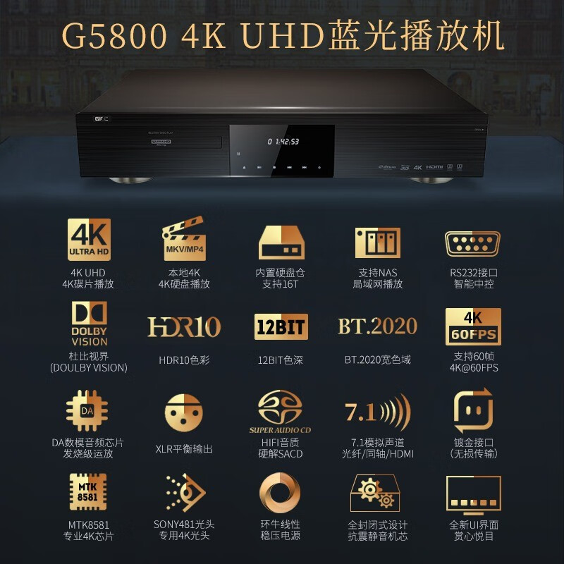GIEC BDP-G5800 upgraded and enhanced version, true 4K Blu-ray player, Dolby Vision Atmos, hard decoding SACD package four, 16T (2 8T) hard drive + 2 discs