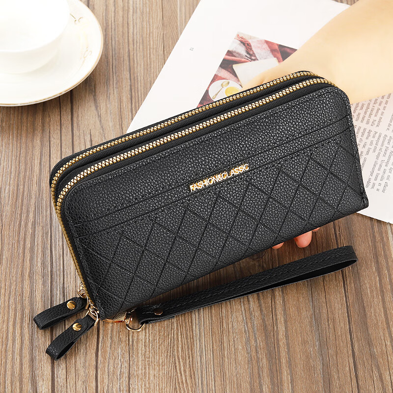 Kuqi Kangaroo New Double Zipper Wallet Women's Long Large Capacity Checkered Clutch Double Layer Wallet Korean Style Coin Mobile Phone Bag Black
