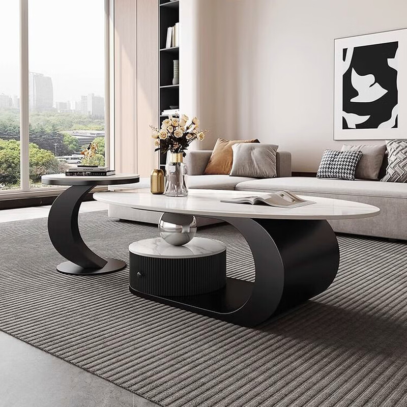 Xunbao slate coffee table modern simple living room home small apartment Italian light luxury high-end Internet celebrity oval coffee table Snow mountain white slate coffee table 120*60 + side table
