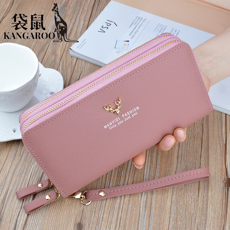 Kangaroo (KANGAROO) New Wallet Women's Long Clutch Double Zipper Wallet Mobile Phone Bag Fashion Simple Large Capacity Double Layer Wallet Black