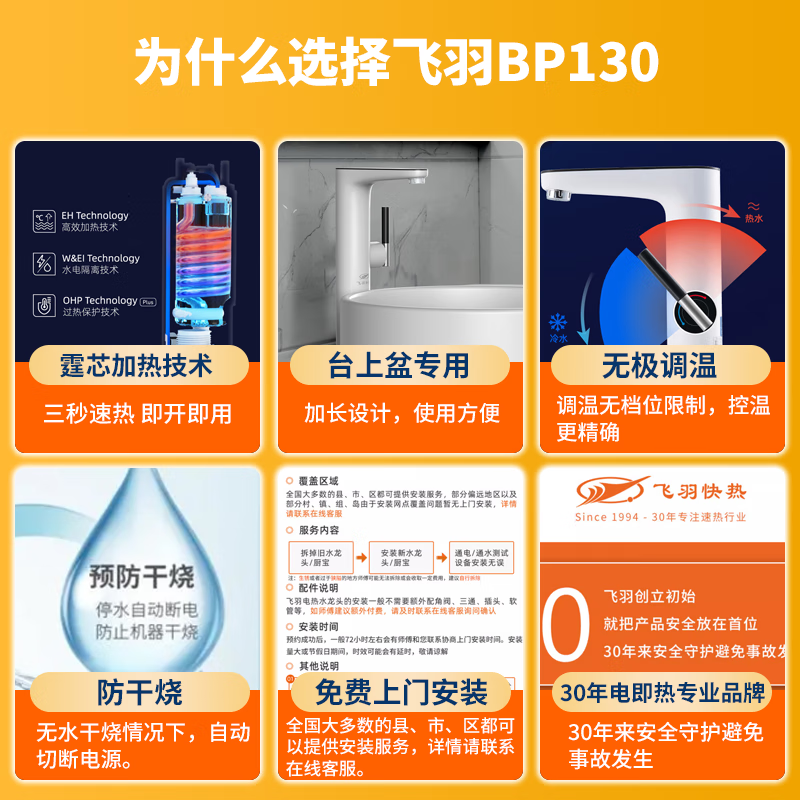 Feiyu Electric Hot Faucet Instant Hot Kitchen Rapid Heating Faucet Instant Hot Small Kitchen Treasure Electric Water Heater Bathroom Basin Instant Hot Faucet Classic Basin Model BP130 White (High Temperature Alarm/Free Installation)
