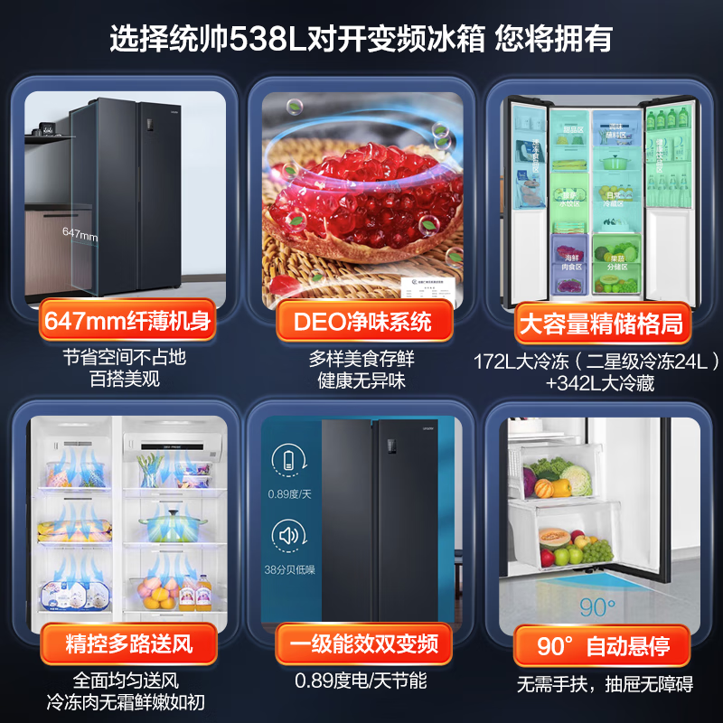 Leader Haier Refrigerator produces Yuecheng series 538L side-by-side double-door refrigerator with large capacity, first-class energy efficiency, air-cooled DEO clean flavor BCD-538WGLSSEDBX with 15% replacement subsidy, Quick Freeze King, ultra-thin and large capacity 538L
