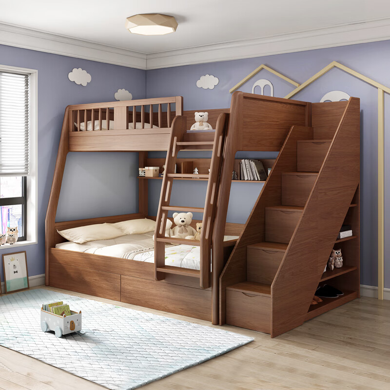 Fugui Cat bunk bed, high and low bed, children's bed, two-layer bunk bed, multi-functional high box, small apartment bunk bed for boys and girls, bunk bed + bookshelf + 2 mattresses 1500*1900
