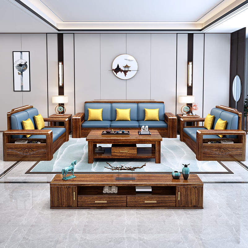 Chenya Sofa Black gold solid wood sofa living room household size Chinese style winter and summer sofa corner combination four seats + imperial concubine + coffee table + TV cabinet combination latex cushion style