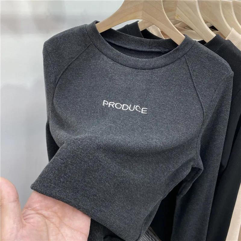 Xunliba velvet bottoming shirt for women in autumn and winter, versatile new velvet warm long-sleeved t-shirt, stylish inner top for women, dark gray warm velvet XL 115-130