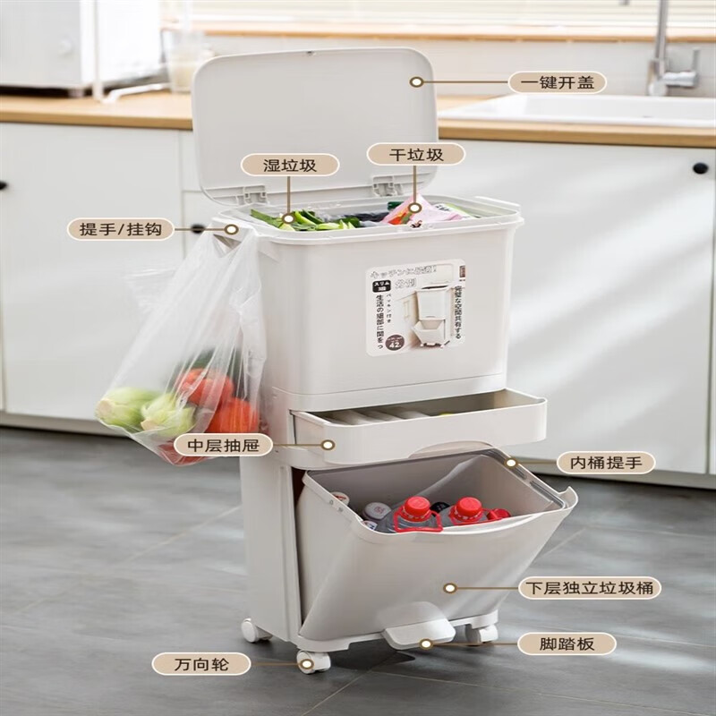 Double three-layer trash can Japanese kitchen classification food waste with lid large large capacity wheel dry and wet separation 38L double 38L double layer single lid manual opening