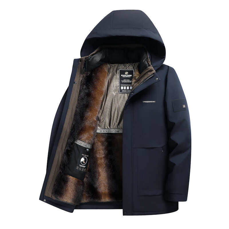 Pierre Cardin high-end three-in-one down jacket men's winter removable hood dad jacket plus velvet thickening cold-proof clothes for middle-aged and elderly people 182 navy blue (removable velvet liner) 2XL recommended around 130-145 catties