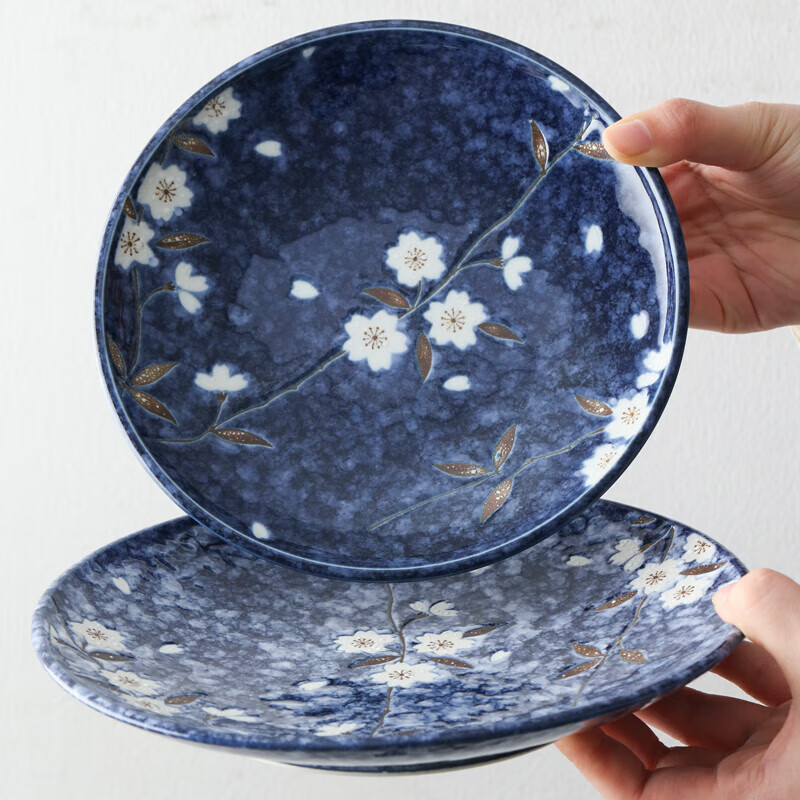 Lucky Lychee Japan imported Mino-yaki indigo painted cherry blossom ceramic bowl dipping saucer fruit plate soup noodle bowl rice bowl Japanese tableware bowl 19.5cm 1 head