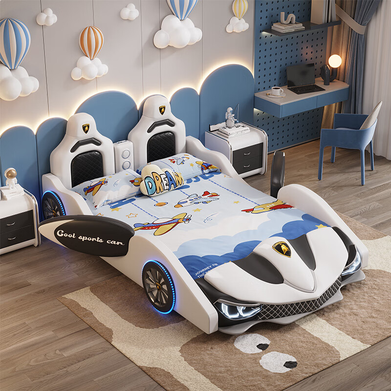 Lukasen children's bed for boys and girls, creative car shape with guardrails, cartoon sports car, child single children's room, bed+23CM latex spring mattress+bedside table*2 1.5*1.9 meters