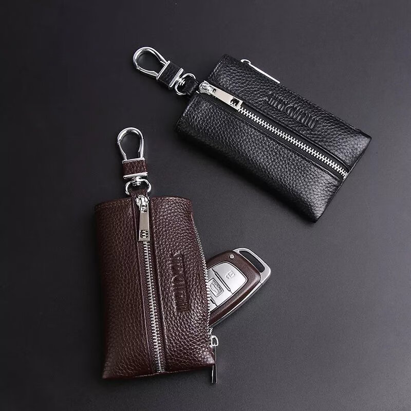Kuqi Kangaroo Key Bag Men's Genuine Leather Zipper Waist Hanging Multifunctional Large Capacity Car Key Bag Storage Bag Key Bag Women Black