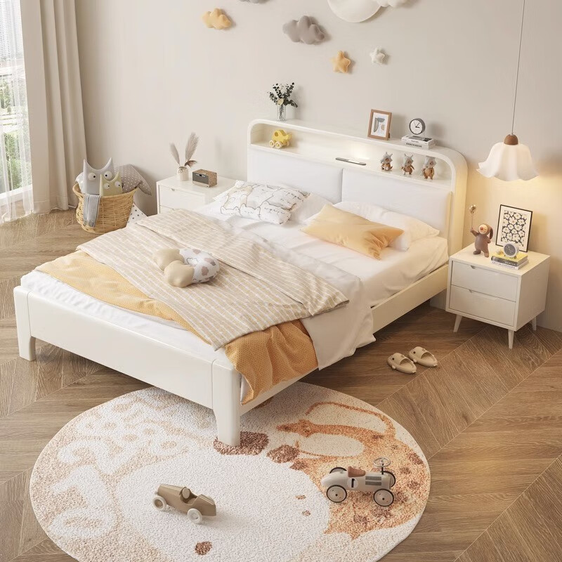 OCALSTAR simple and modern girl's white solid wood children's bed princess teen bed bedroom with night light storage bed bed + 10cm environmentally friendly brown mat (sleeping feeling is firm) 1.5*2 meters (frame type)