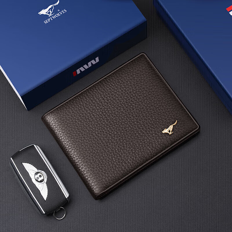 Septwolves wallet men's genuine cowhide short men's wallet card holder practical birthday and New Year gift for dad, boyfriend and husband