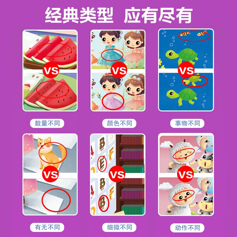 Concentration training, find the differences, intermediate level for 5-6 years old (boxed), children's left and right brain, whole brain intelligence development, fun, find the differences, hands-on brain game cards, let's work together to find the differences, the game book can be rewritten repeatedly as a gift