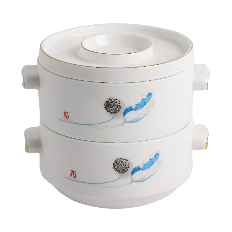 Chidu stew cup, soup cup, vegetable cup, hotel high-end tableware, bird's nest dessert bowl, Chinese creative double-layered cup, steaming cup, large double-layered cup - blue lotus painted gold