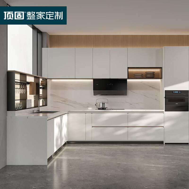 Dinggu cabinets customized integrated kitchen kitchen cabinets modern minimalist open L-shaped kitchen quartz stone countertop white dew series prepaid deposit